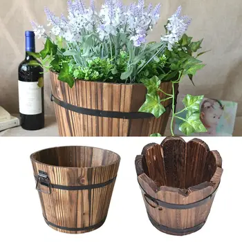 

Carbonized Wooden Garden Succulent Plants Flower Pots Outdoor Flower Bucket Home Decoration Round Retro Small Barrels Planter