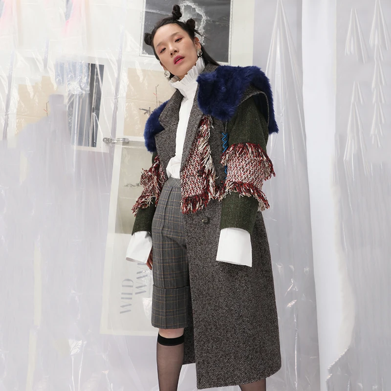 Fourrure eam Glands Parkas Long Mode Hit Manches Manteau Marée Flower Printemps Fendue Longues Nouveau Laine Couleur 2019 Colour Femmes Revers De Jk669 Commune vrxpvCqzw