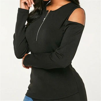 

Women Blouse Long Sleeve Shirt Off Shoulder Top Cold Shoulder Tops Ladies Clothes Casual Zipper Blouse Womens Tops And Blouses