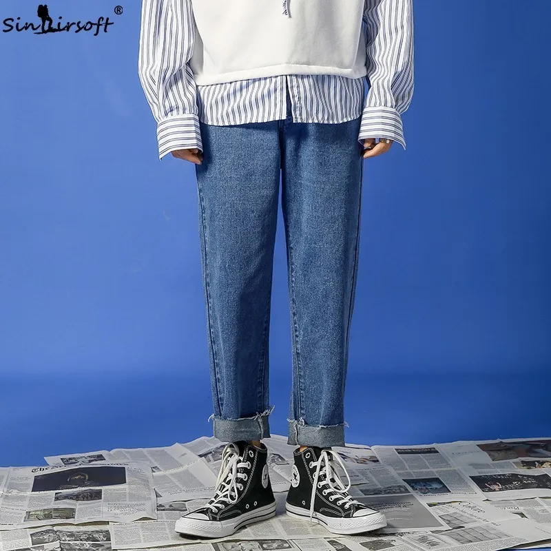 

Free Shipping Men's Straight Leg Loose Jeans Streetwear Ankle-Length Casual Blue Pants Size 27-34 2019 Youth Hot