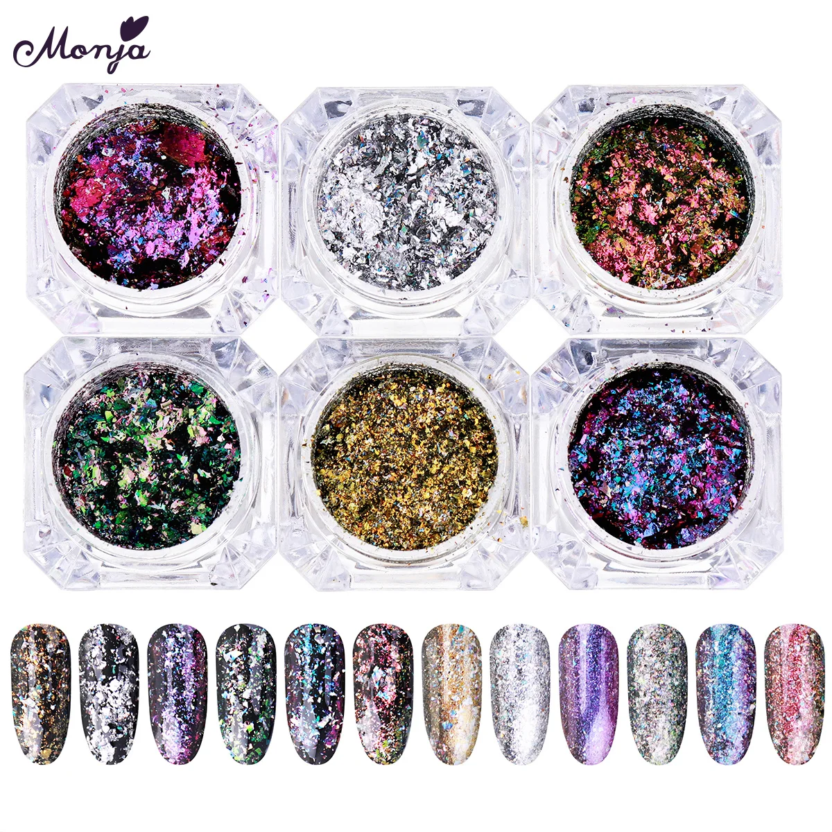 

Monja 6 Boxes/Set Nail Art Chameleon Laser Glitter Irregular Foil Firework Starry Powder Flake Sponge Stick Manicure Decoration