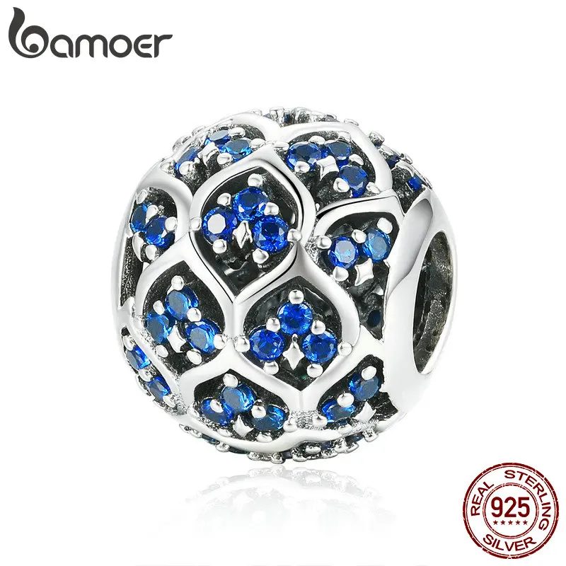 

BAMOER Authentic 925 Sterling Silver Round Circle Beads Blue CZ Charms Fit Charm Bracelet Necklaces DIY Jewelry Making SCC983