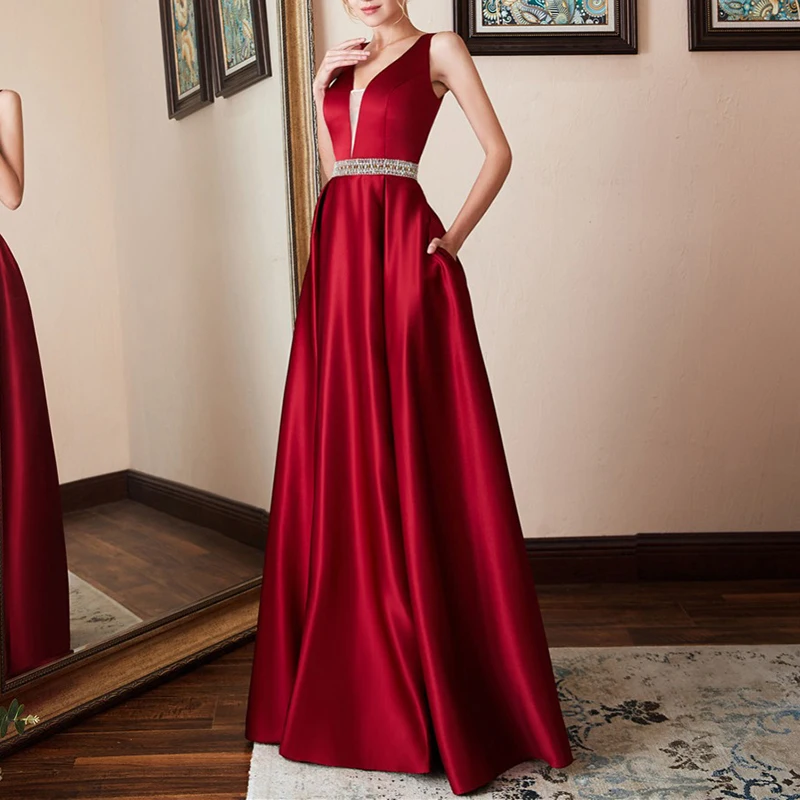 

plus size S~3XL Women Formal dresses ladies Long Banquet Party Prom Sleeveless backless pockets slim A-line Dress vestido longo