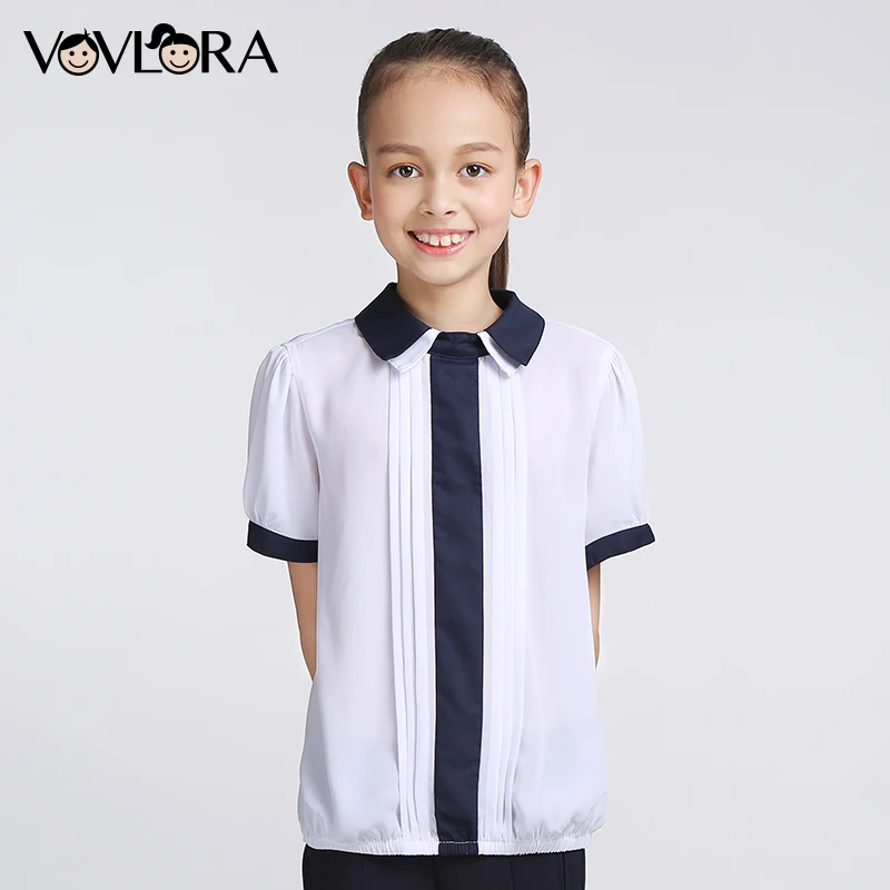 

Girls School Blouses Tops Ruched Chiffon Kids Blouses Short Sleeve Patchwork Loose Children Clothing Size 9 10 11 12 13 14 Years