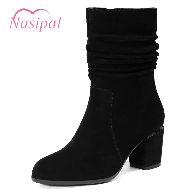 

Nasipal Women Boots Mid-calf Zipper Chaussures Femme Ladies Chunky High Heels Shoes Woman Zapatos Mujer Sapato Autumn Booties