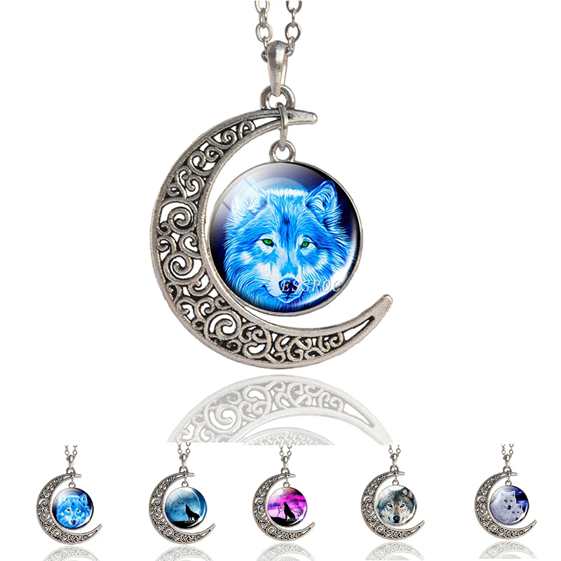 Mens necklace Fashion Charm Blue Eyes Wolf Art Picture Round Glass Pendant Necklace Gift Jewelry Mens necklace Fashion Charm Blue Eyes Wolf Art Picture Round Glass Pendant Necklace Gift Jewelry