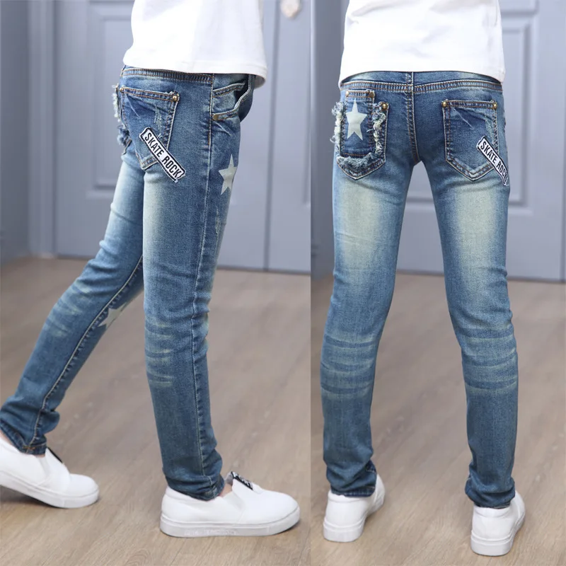 

2018 Autumn New Girls Soild Middle Waist Pentagram Jeans Kids Trousers Skinny Slim Denim Long Pencil Pants