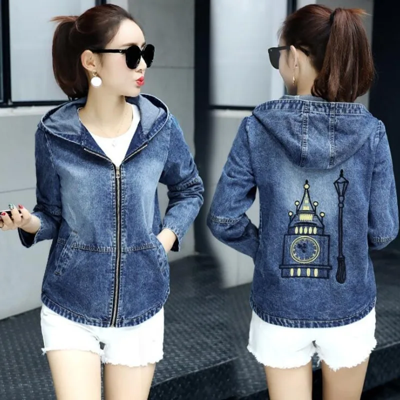 

#3313 2019 Spring Women Jeans Jacket Short Slim With Hooded Back Embroidery Zipper Women Jeans Jacket Fashion Plus Size 3XL
