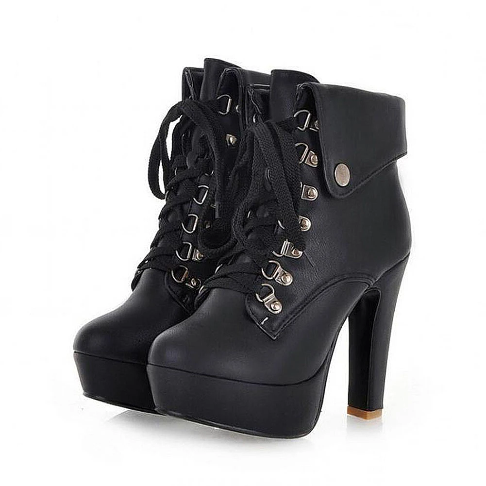 

Fashion Black Boots Women Heel Spring Autumn Lace-up Soft Leather Platform Shoes Woman Party Ankle Boots High Heels