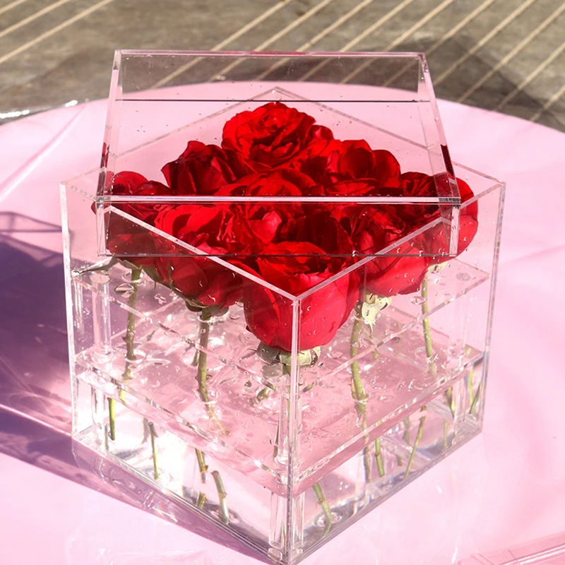 

New Fashion Clear Acrylic Rose Flower Box Makeup Organizer Cosmetic Tools Holder Flower Gift Box For Girlfriend Woman