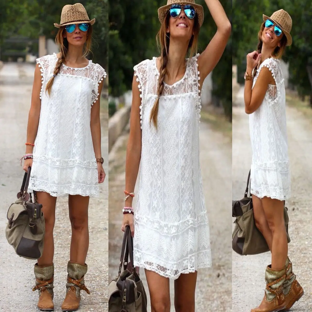 

Dress 2019 New White Hollow Lace Sexy Ladies Women Beach Sleeveless Dress Beachwear Summer Holiday Short Mini Dress