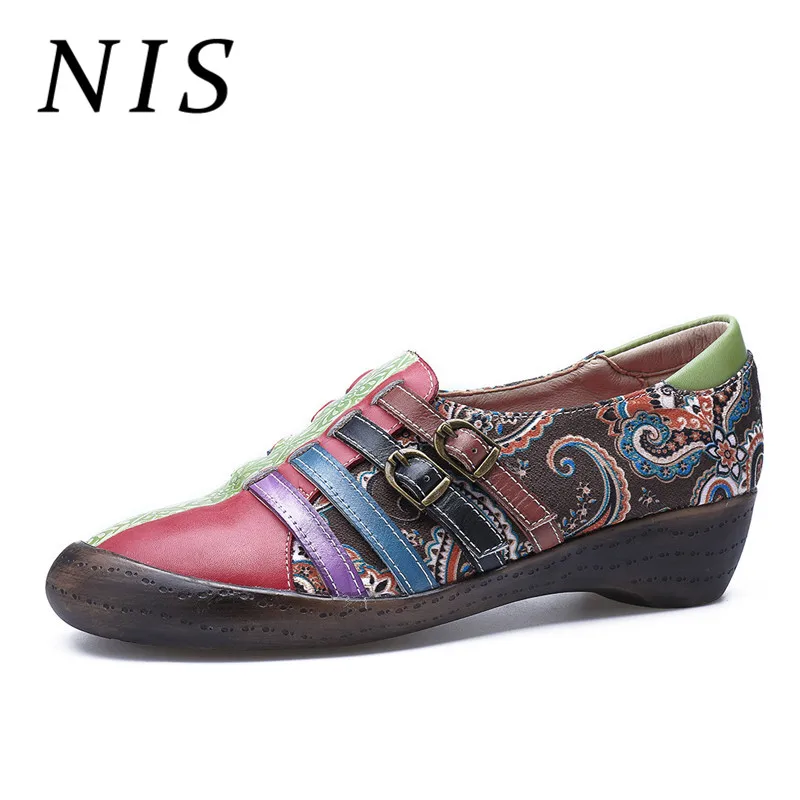 

NIS Vintage Bohemian Style Shoes Woman Genuine Leather Loafers Women Slip-on Shoes Printed Flower Soft Sole Retro Enthic Flats
