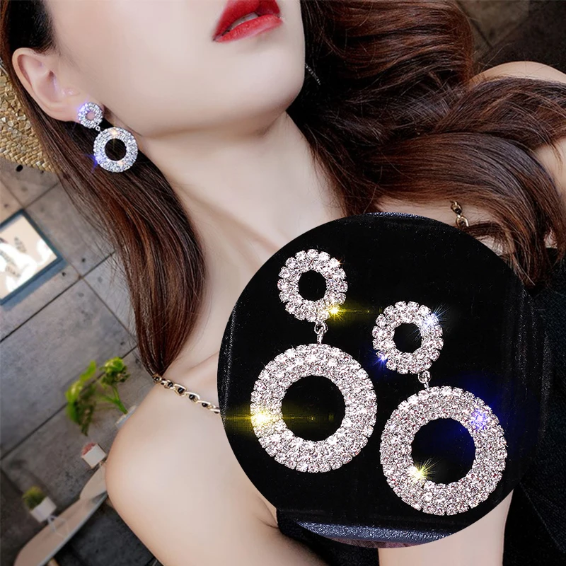 

New Shining Party Dangle Luxury For Women Round Crystal Earring Gold Jewelry Rhinestone Wedding Silver Drop Earrings Color