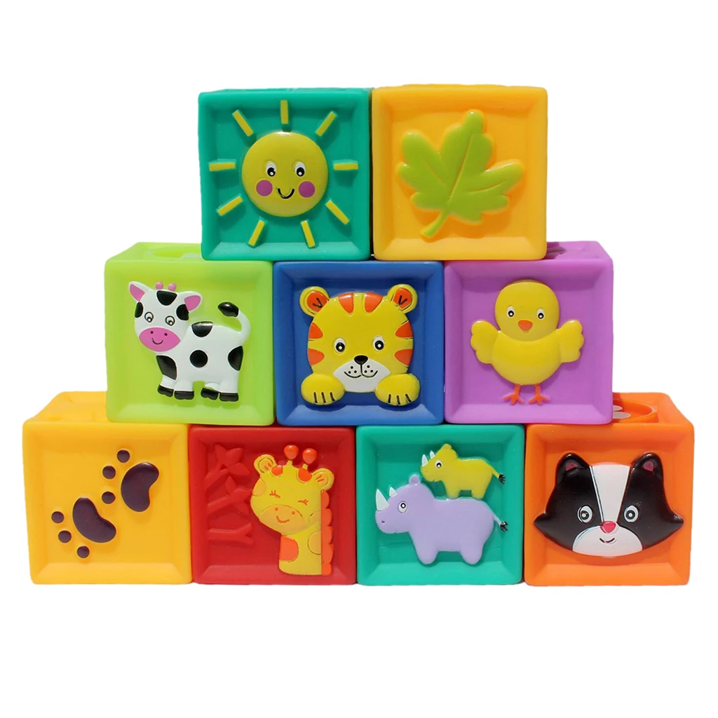 9 Pieces Soft Silicon Cartoon Numbers Animals Blocks Stacking Cognitive Toy Early Learning for Kids/Toddler Playset