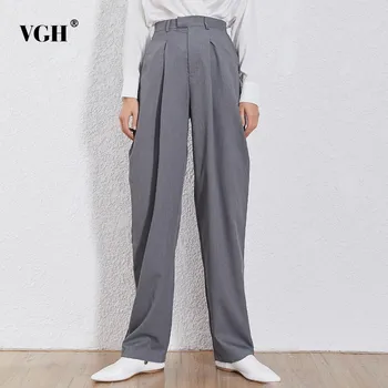 

VGH 2020 Casual Loose Solid Full Length Pants For Women Zipper Button High Waist Summer Straight Female Pant Fashion New Tide