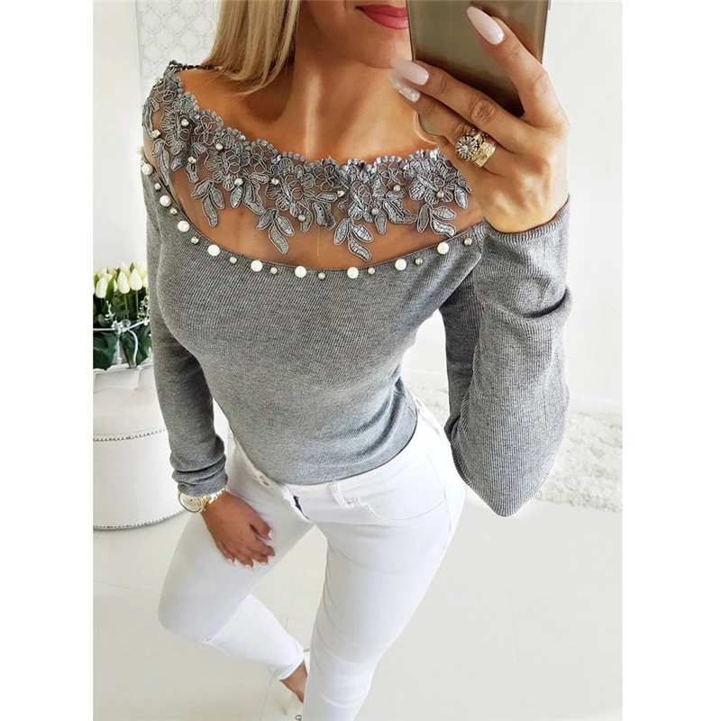 

2019 femme Long Sleeve T-Shirts women lace patchwork t shirts sexy lace pearl casual tops tshirt clothes sp ring t shirt