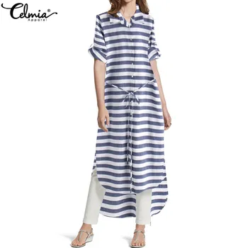 

Celmia 2020 Summer Plus Size Maxi Long Dress Women Retro Striped Shirt Dress Casual Irregular Belted Beach Vestidos Kaftan Mujer