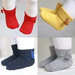 Хлопковые короткие носки для новорожденных девочек и мальчиков однотонные вязаные теплые носки с кисточками От 0 до 4 лет