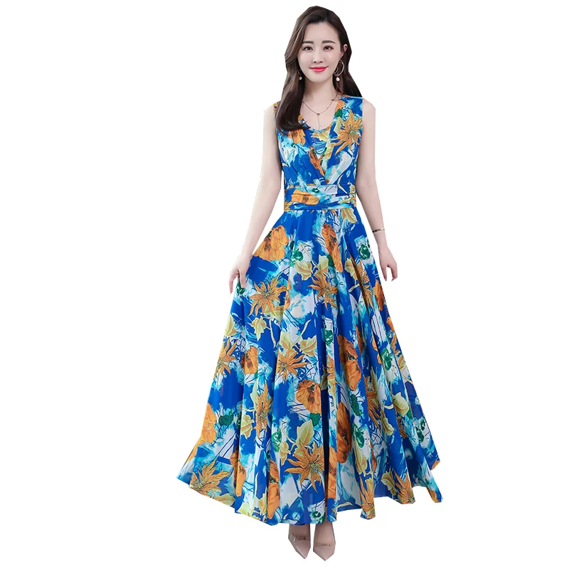 

Womens Floral Print Dress Ladies Summer Beach Sleeveless Party Dress Vestidos Verano 2019 New Arrival Chiffon Dresses For Women