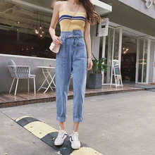 Свободные женские Высокая талия промывают светло голубой цвет джинсовые штаны джинсовая куртка женская Femme Джинсы для женщин Женский Torre Гарун