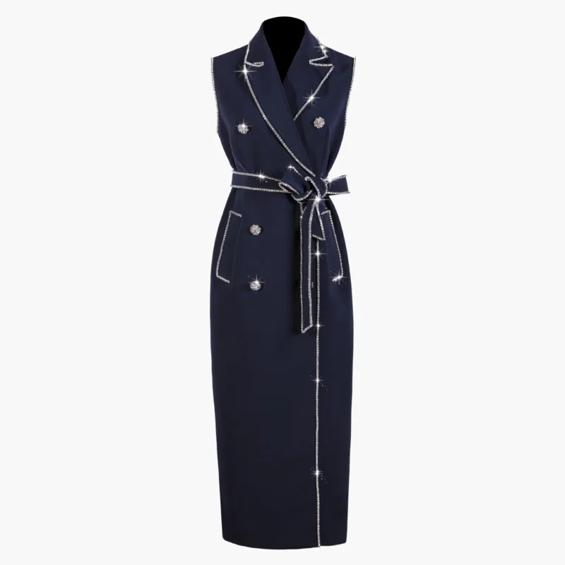 

[EWQ] 2019 Spring New Pattern V Collar Sleeveless Double Breasted Streetwear Adjust Waist Streewear Dress Women AE79617L