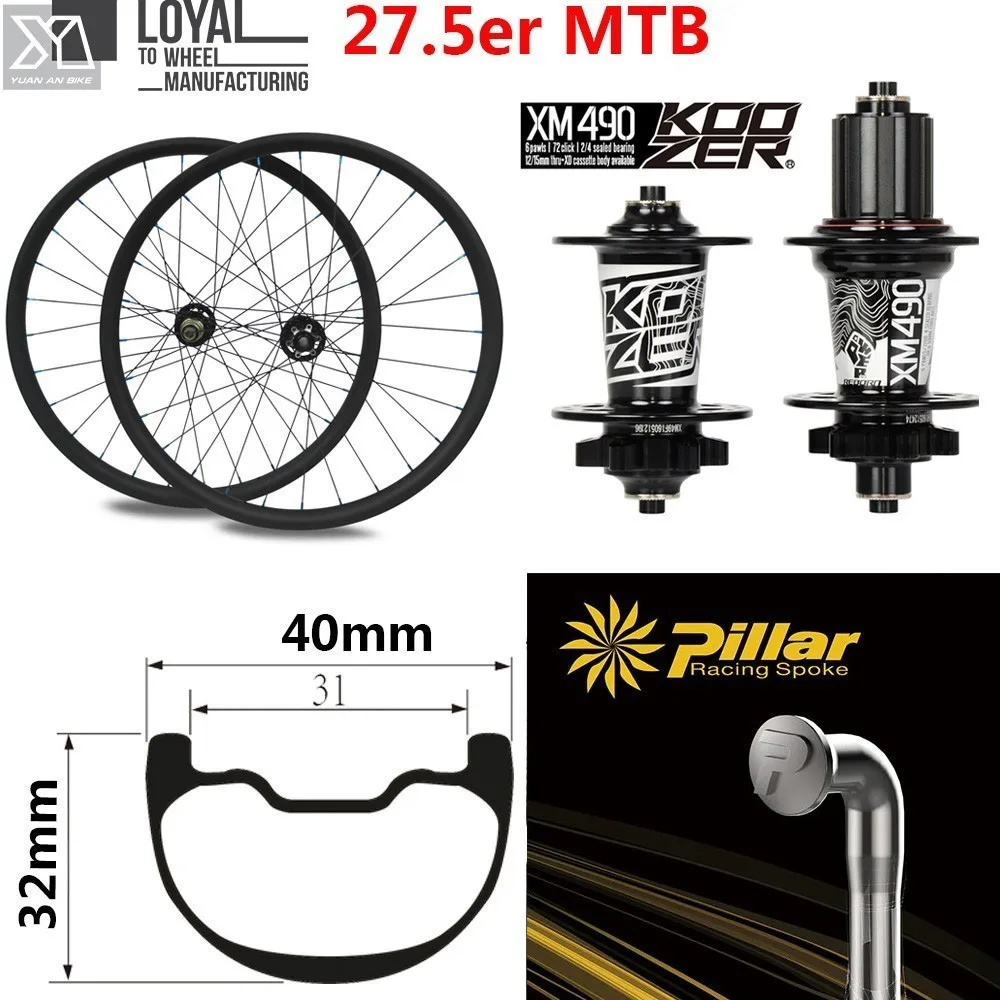 

27.5er MTB Carbon Wheel 40mm32mm 650B Hookless Rim Pillar Spoke Koozer XM 490 Hub For Cross Country/All Mountain Bike Wheelset