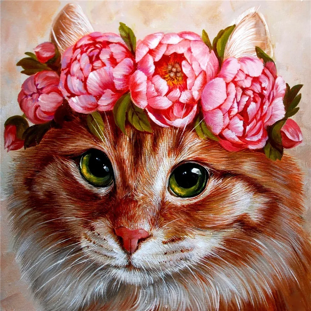 

Huacan Diamond Painting Cat Full Square Diamond Embroidery Animal Painting With Diamond Flower Mosaic Picture Of Rhinestone