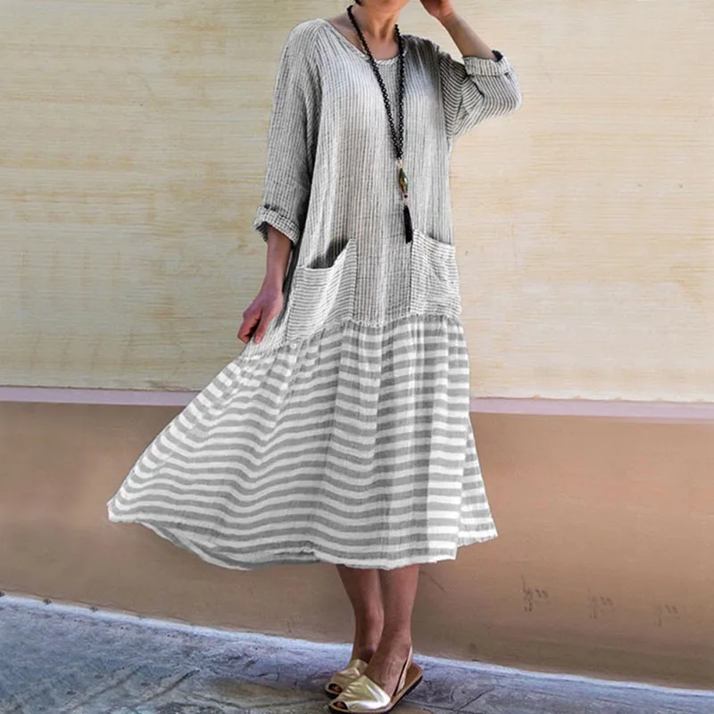 

2019 Summer Dress Women Loose Round Neck Pockets patchwork Sundress Plus Size Ladies Dresses