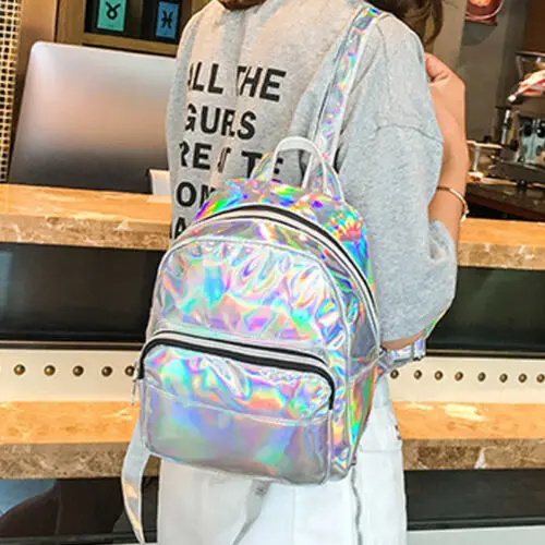 

Women Holographic Hologram Laser Metallic Color Backpack School Girl Travel Rucksack Shoulder Bag Work Laptop Bag Pink Silver