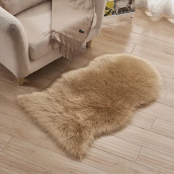 

JU Khaki Special-shaped Sheepskin Hairy Carpet Faux Mat Seat Pad Fur Plain Fluffy Soft Area Rug Tapetes 60x102CM