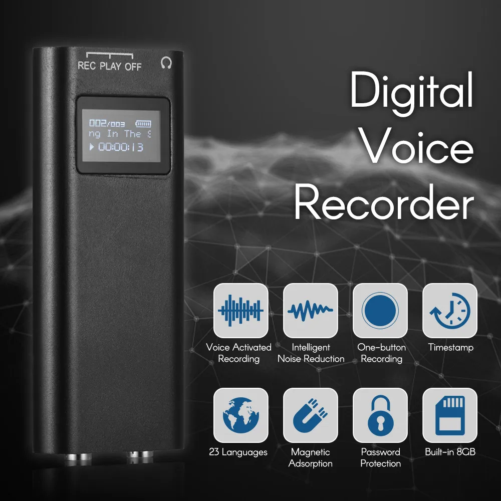 Мини Портативный цифровой диктофон mp3 плеер аудиозапись Голосовая активация 8 ГБ