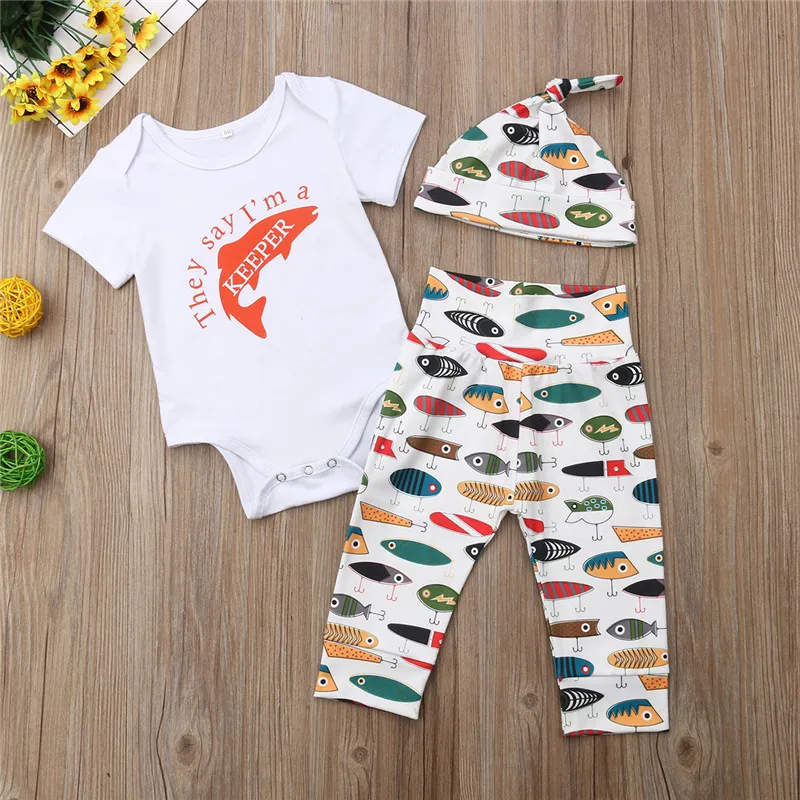 

Newborn Baby Boys Girls clothes Geometry Pants Hat Fish letter print round neck short sleeve Bodysuit 3pc lovely cotton outfits