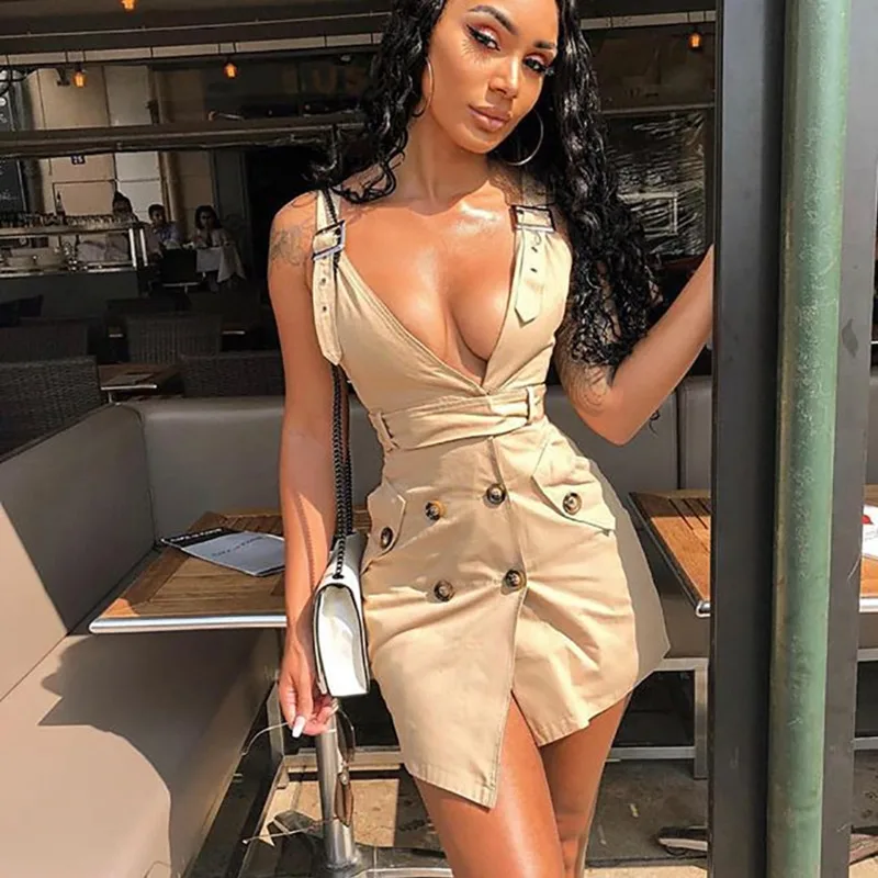 

Fuedage Summer Button Sexy Bodycon Dress Women Sleeveless Adjustable Buckle Casual Dress With Sashes Club Party Dresses Vestidos