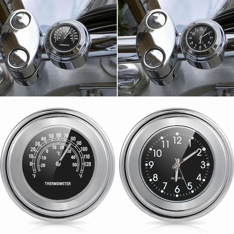 

2Pcs Set 7/8 or 1inch Motorcycle Handlebar Watch Dial Clock Thermometer Temp