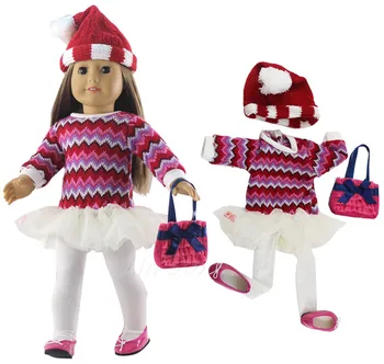

6 Pcs Set Doll Clothes Dress+tights+glasses+hat+bag+shoes for 18'' inch American Doll Clothes 43cm or 45 cm