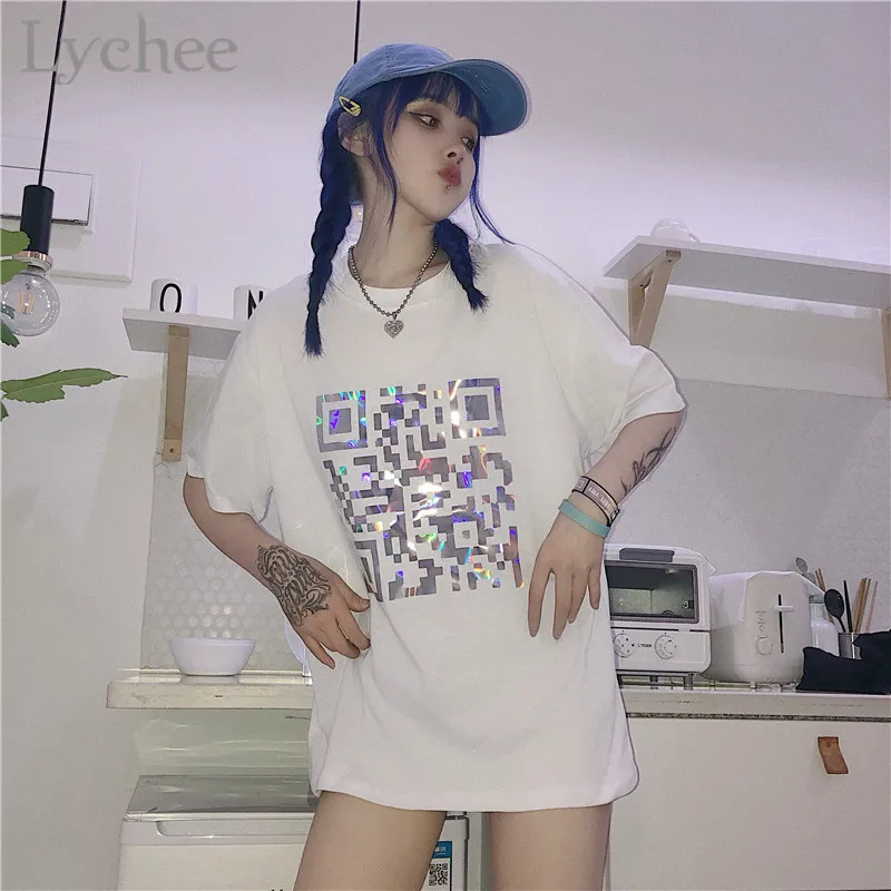 Lychee Harajuku qr код лазерные женские футболки Топы Футболки с круглым вырезом Лето