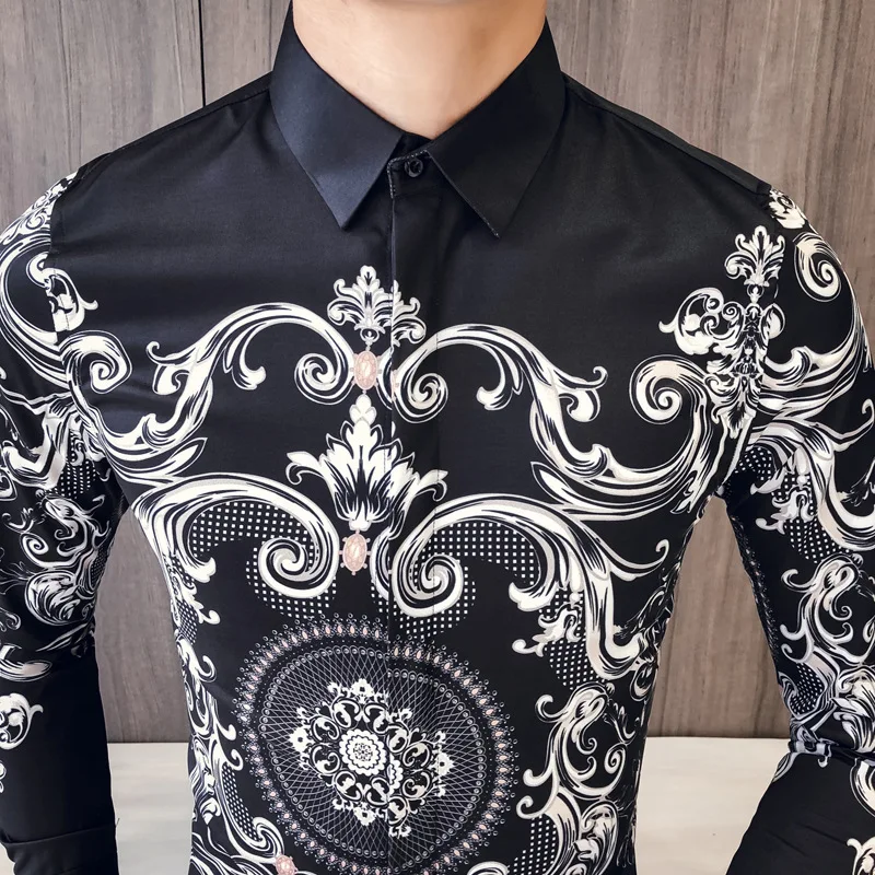 Летняя мужская рубашка новая с принтом Черная мужская приталенная рубашка с длинным рукавом мужская рубашка смокинг рубашки