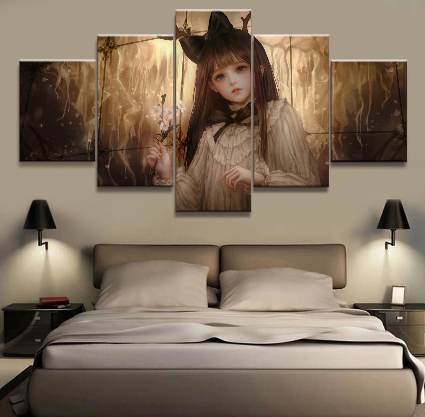 

Home Decor Modular Canvas Picture 5 Piece Garden Mystery Girl Animation Poster Wall For Home Canvas Painting Wholesale