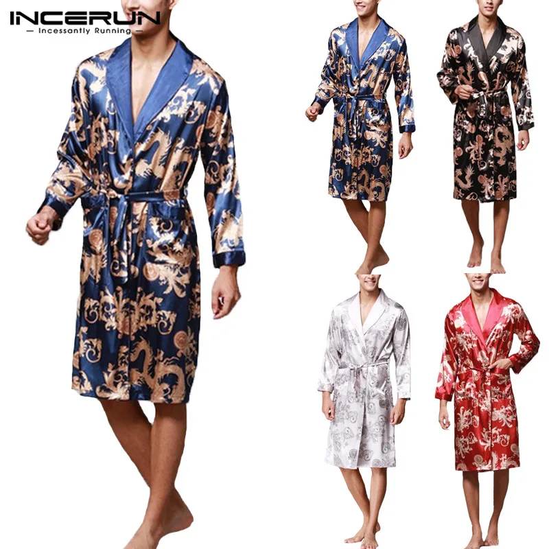 INCERUN Для мужчин халаты халат из искусственного шелка с длинными рукавами китайский Дракон пижамы с принтом кимоно Ночная рубашка с длинным