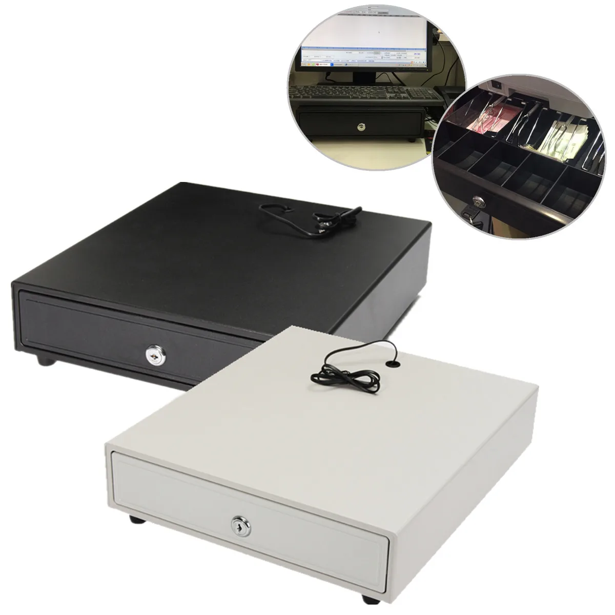 

Heavy Cash Drawer Box POS Register RJ-11 Key Lock With 4 Bill 5 Coin Trays White/Black Removable 4 Bills 5 Coins Cash Tray