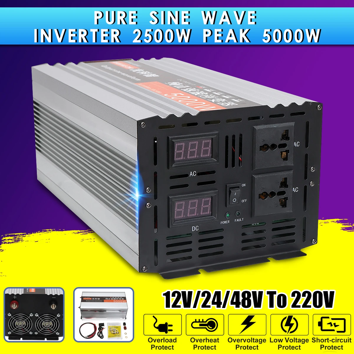 

Pure Sine Wave Inverter Dual LED Display 5000W Power Inverter 12V/24/48/ DC To 220V AC Converter