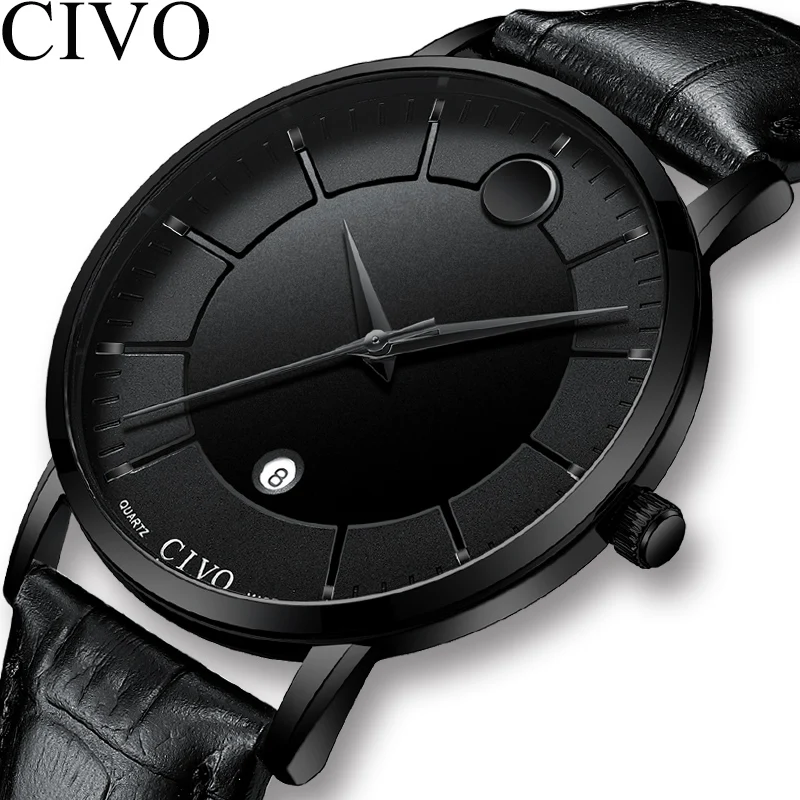 

CIVO 2019 New Fashion Mens Watches Waterproof Genuine Leather Quartz Wrist Watch For Men Date Calendar Gents Casual Reloj Hombre