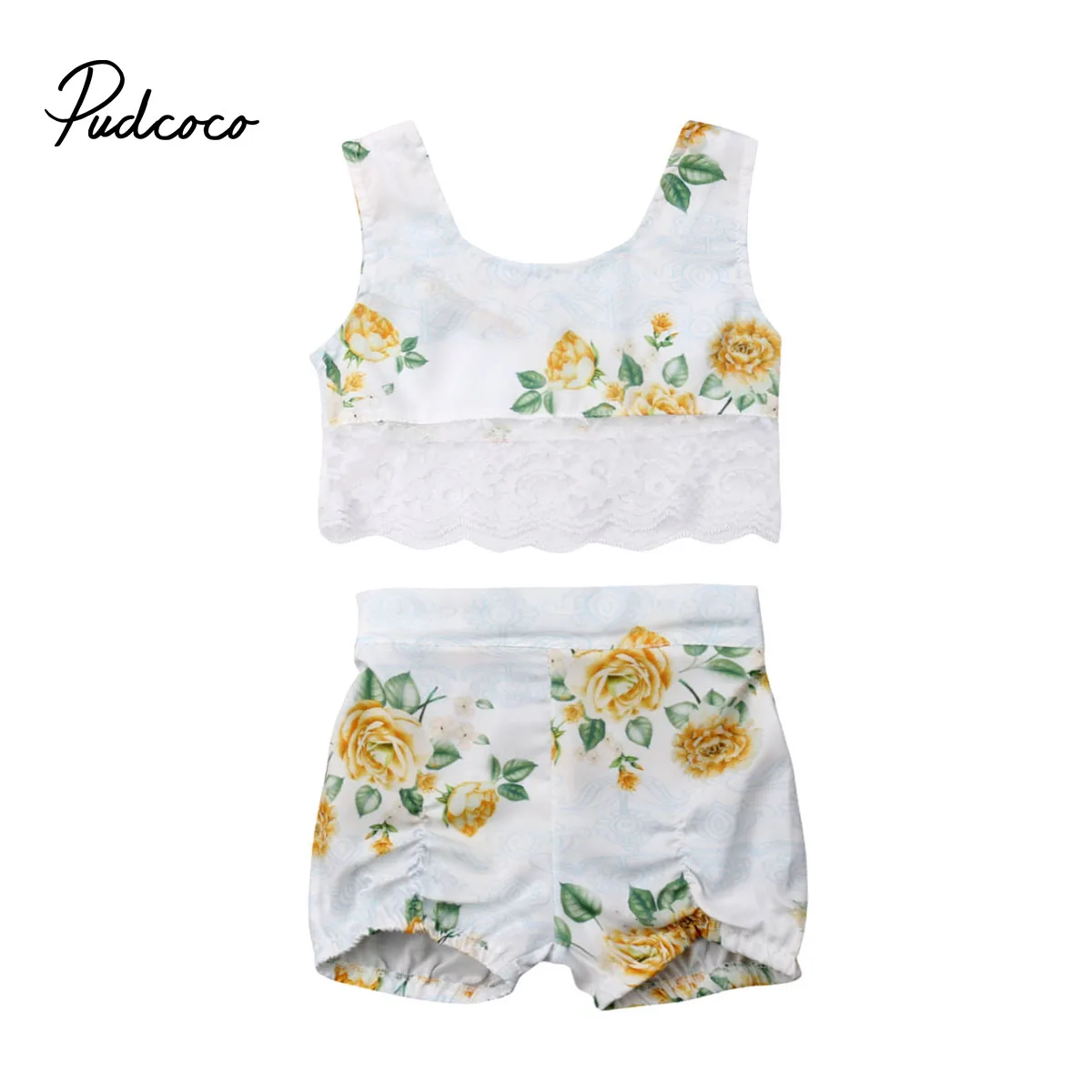 

pudcoco 2019 Toddler Kids Baby Girl White Lace Crop Tops Match Floral Shorts Summer Sleeveless 2PCS infant girl Clothes 1-6years