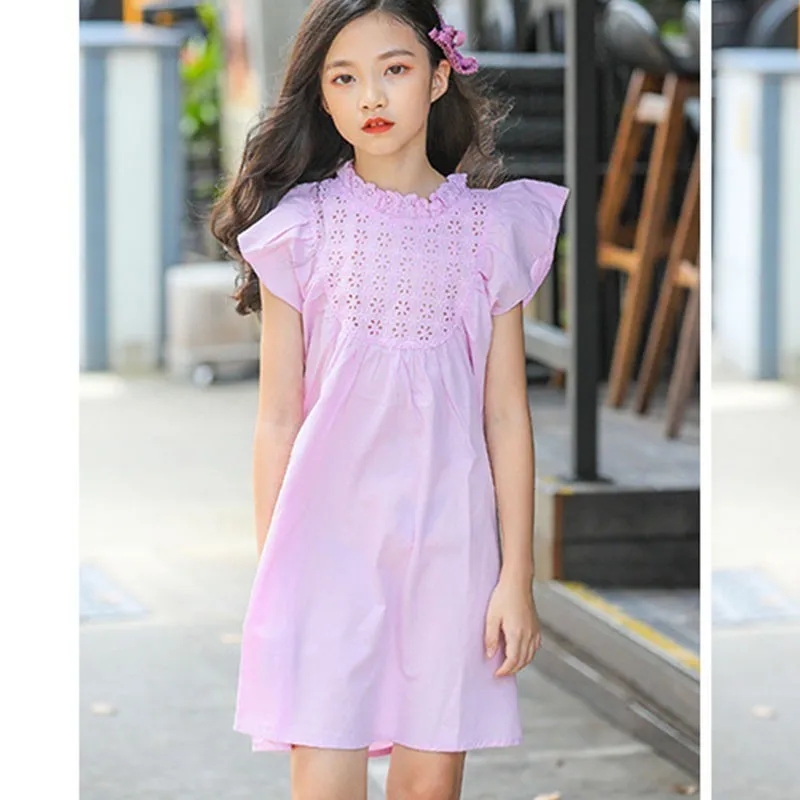 

White Pink Petal Sleeve Summer 2019 Dresses For Teenagers Girls Solid Cotton Hollow Out Patchwork Beach Dress Baby Clothes Kids