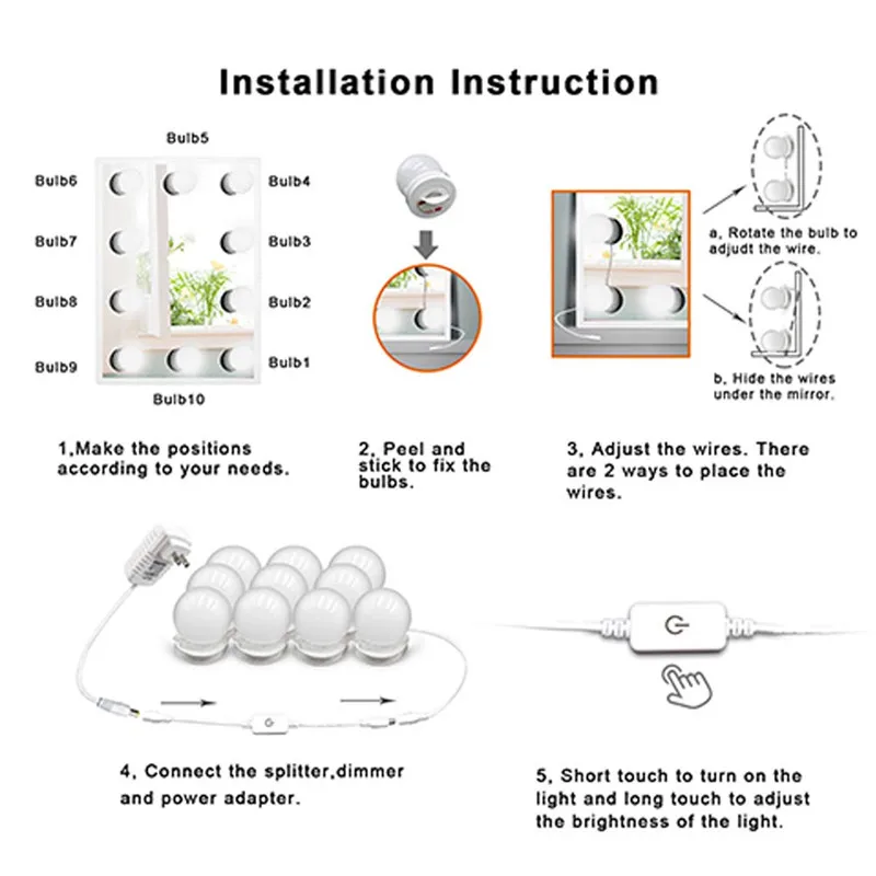 LED Vanity Mirror Lights with Dimmable 10LED Bulbs with Power Supply 4M Lighting Fixture Strip for Makeup Dressing 6500K-7000K