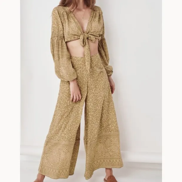 Женские широкие брюки Boho леопардовые с высокой талией свободные карманами и