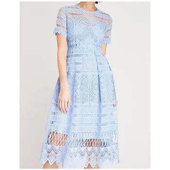 

2019 Summer Women Lace Dress Patchwork Lace Hollow Dress Vintage Short Sleeve Midi Dress