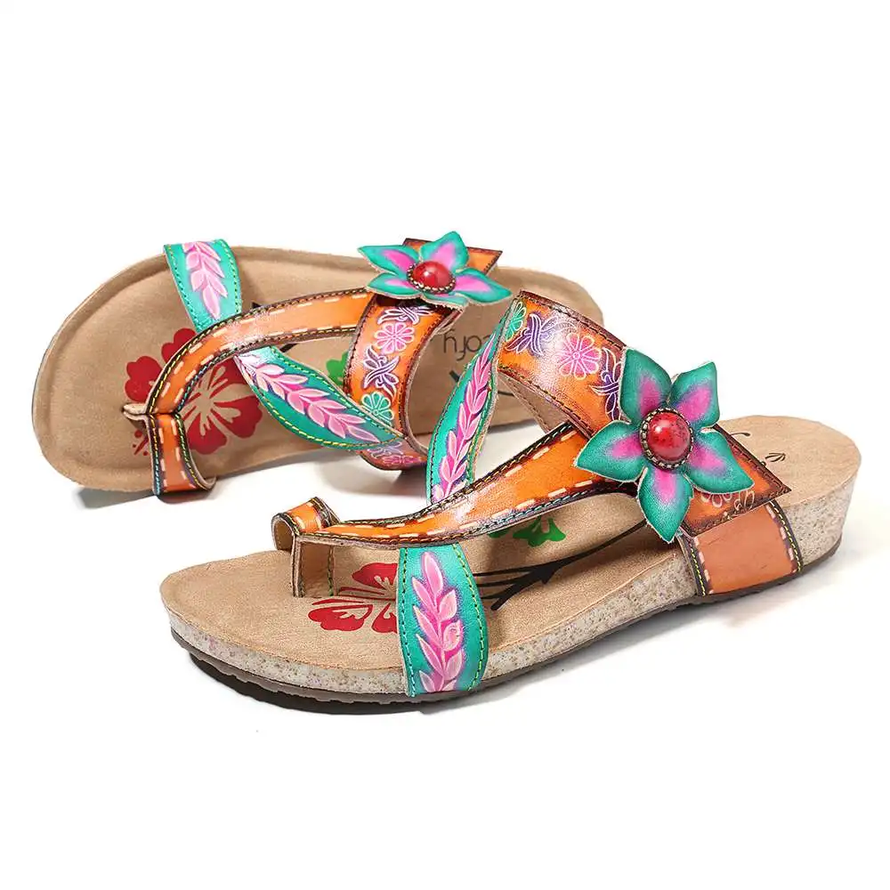  SOCOFY Hand Painted Genuine Leather Splicing Retro Gems Floral Adjustable Hook Loop Sandals Summer 