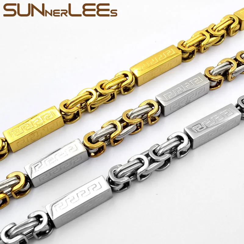 

SUNNERLEES 316L Stainless Steel Necklace 7mm Geometric Byzantine Link Chain Silver Gold Men Women Fashion Jewelry Gift SC55 N