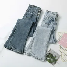 Весна лето женские джинсы с высокой талией потертые джинсы женские до щиколотки расклешенные брюки пуговицы уличные брюки